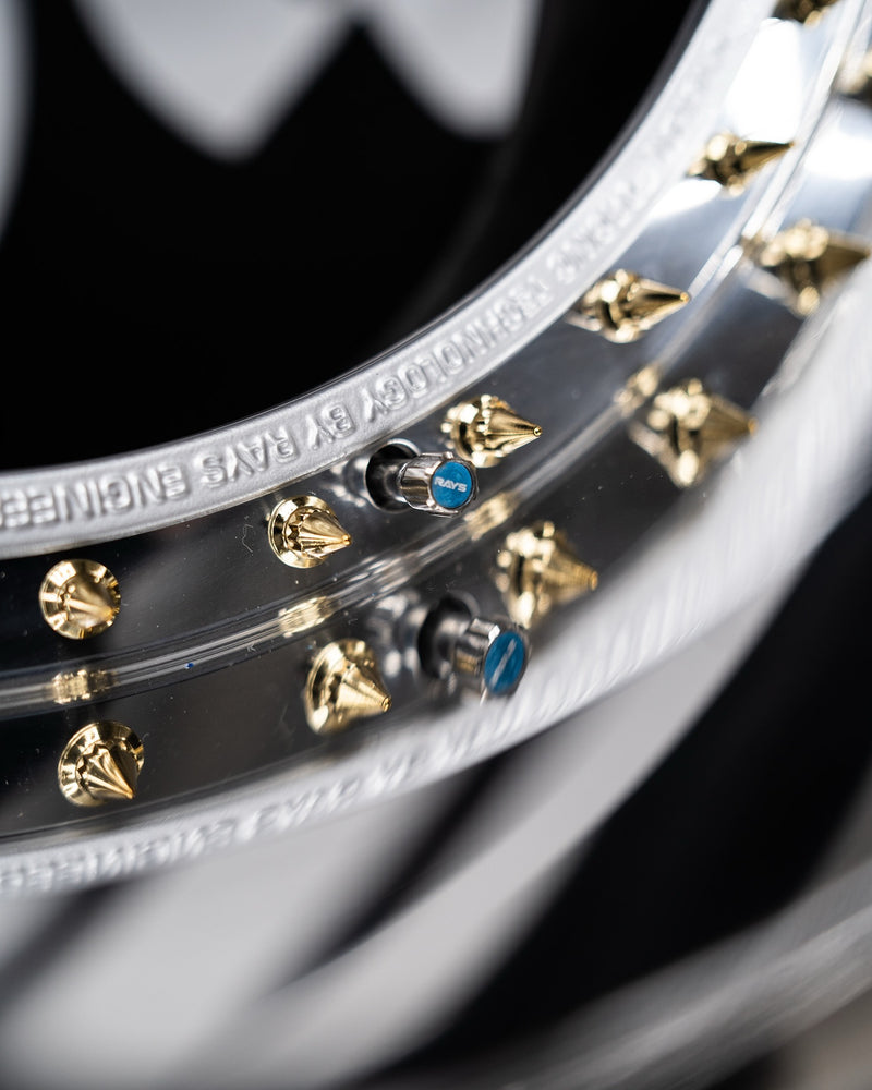 close up of split wheel hardware and polished alloy lip